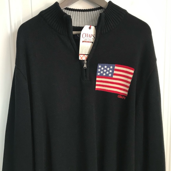 CHAPS Big Men's 2XL Black & Red USA Flag Thick 100% Cotton 1/4 Zip Sweater NWT - Picture 5 of 16